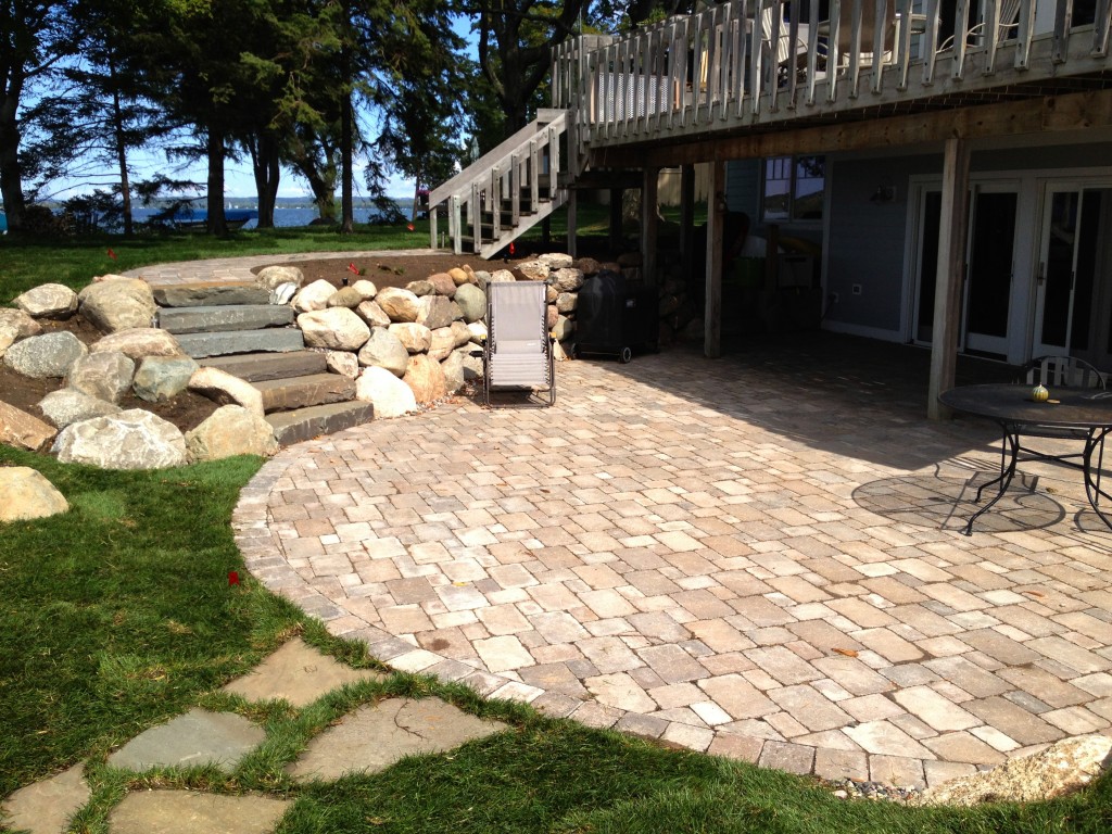 outside patio with slab stone stairway