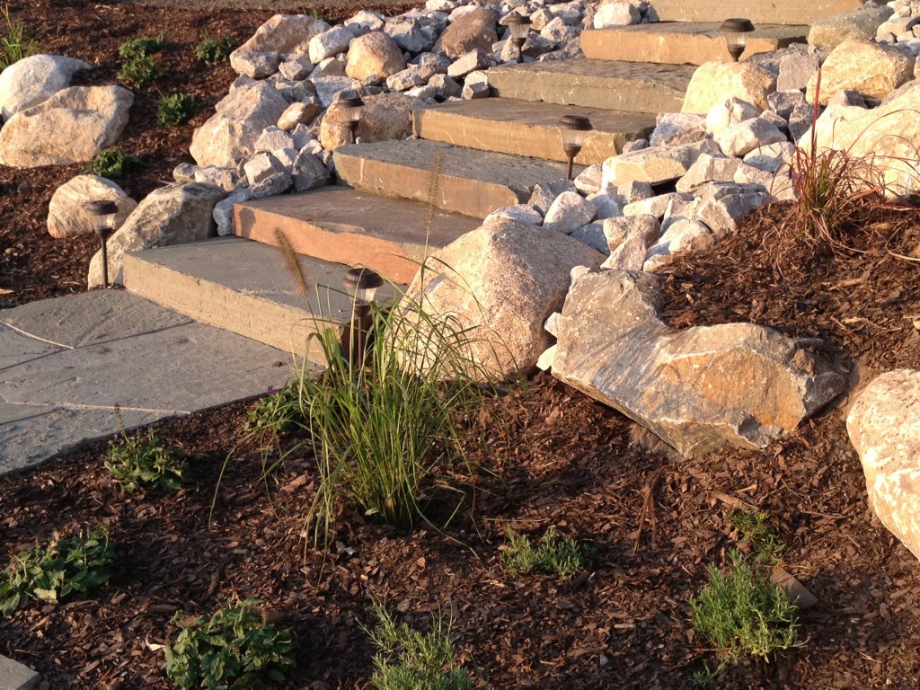 mulched herb garden along stone path