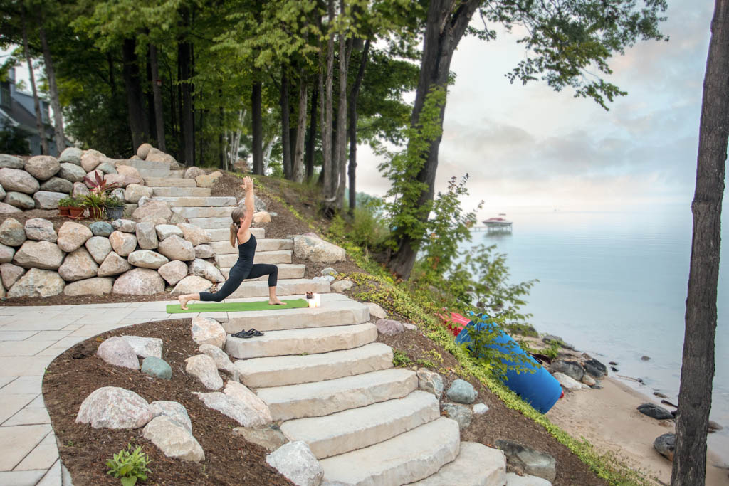 woman stretching on walkway