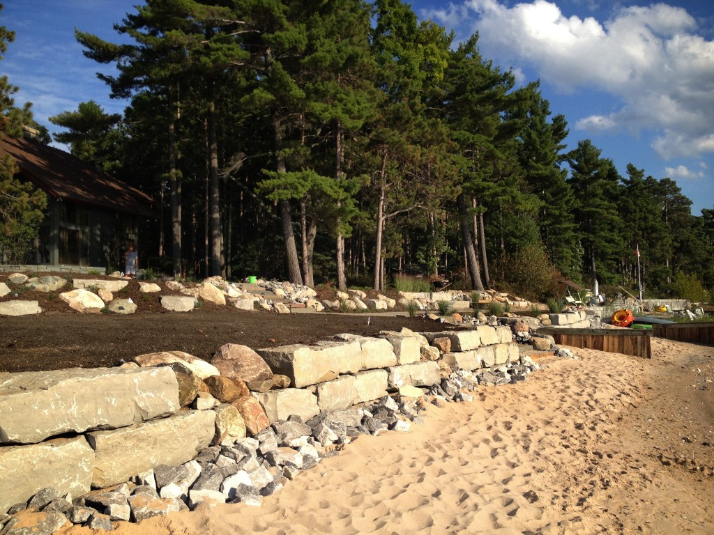 tiered retaining wall on the lake front