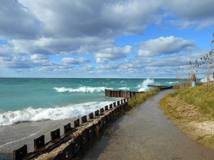 metal retaining wall on lake Michigan